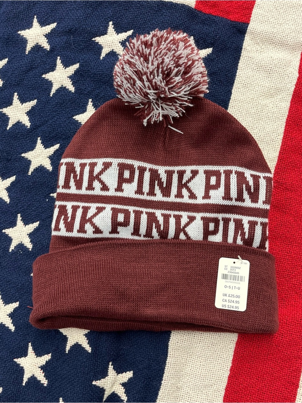 PINK Victoria's Secret Maroon and White Pom Beanie OSFM New with Tags